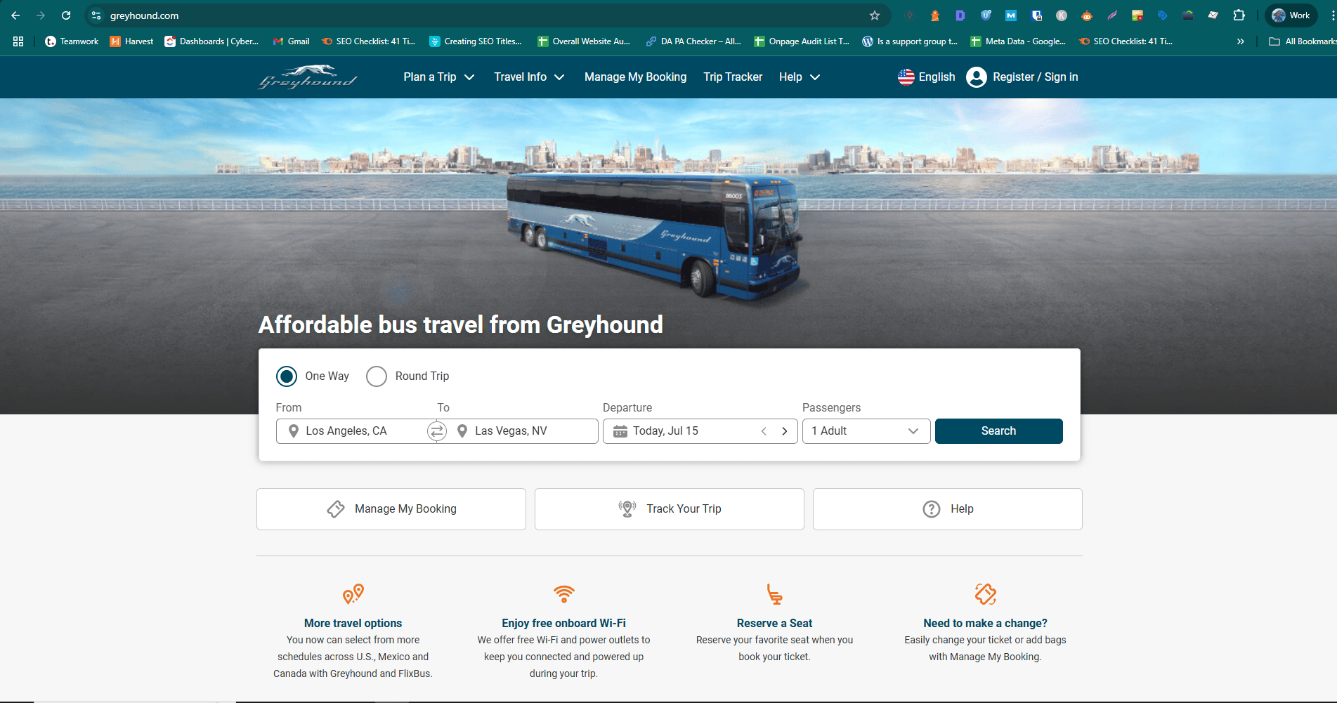 Greyhound’s transportation website homepage features a large blue bus by the ocean, with a search form for tickets, navigation menu, and icons highlighting booking options, Wi-Fi info, reserved seating, and flexible transportation services.