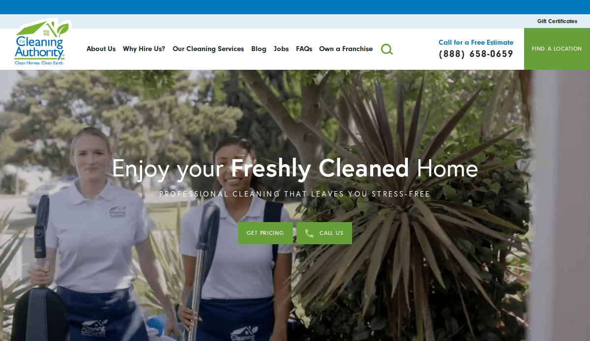 Two Cleaning Authority employees in uniform stand with cleaning supplies near green plants. The website, designed for local service companies, promotes home cleaning services with options to get pricing or call for a free estimate.