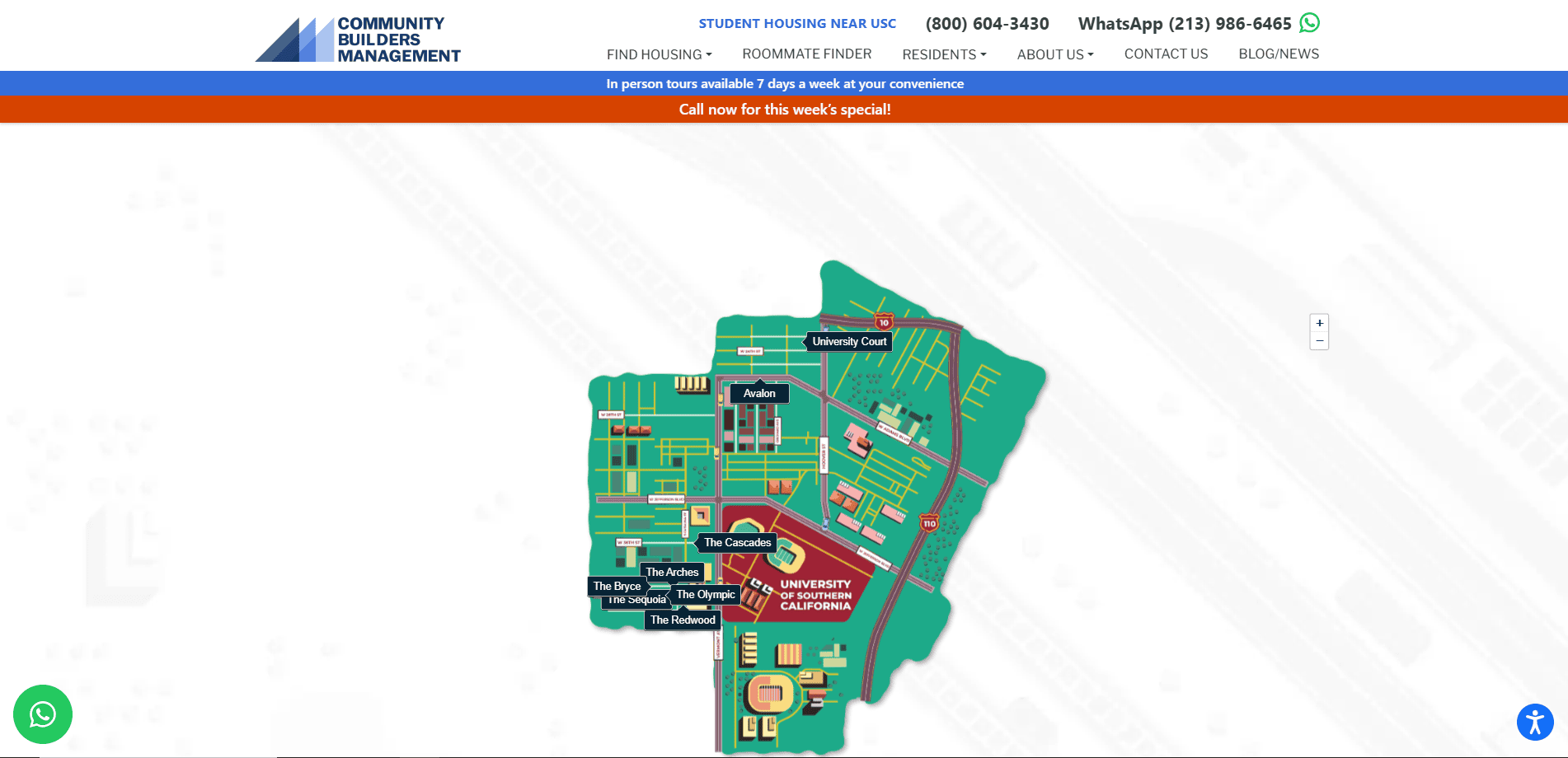 A digital map on the property management website highlights University of California student housing complexes, including The Cascade, The Pines, and University Courtyard. The header shows Community Builders Management contact info and a weekly special banner.