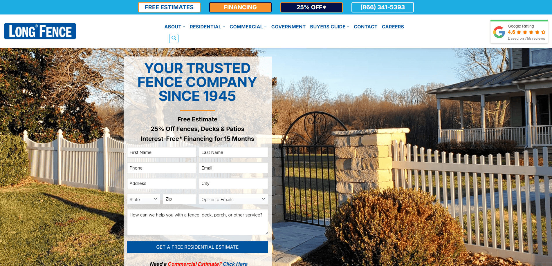 A residential property with a white picket fence, black metal gate, and stone pillars is shown. The fence website features a contact form on the left, with the Long Fence company logo and details at the top of the page.