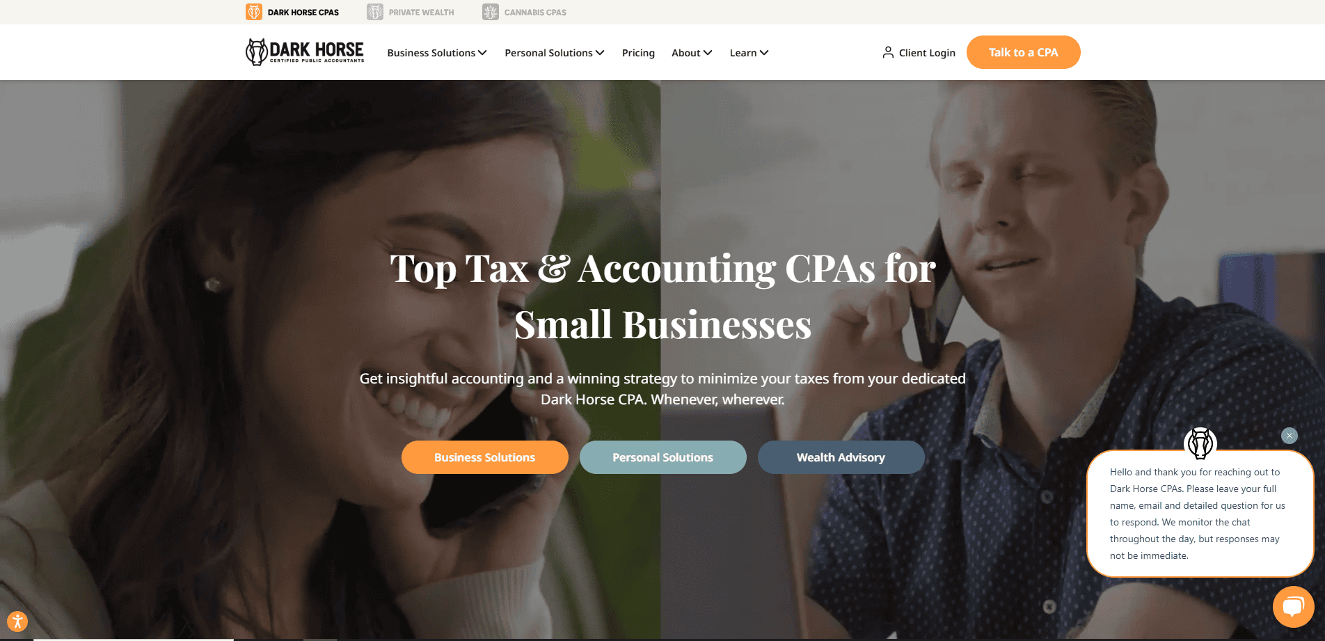 Two people on phones—a smiling woman and a man with eyes closed—are shown with the “Dark Horse CPAs” high-performance CPA website header, navigation menu, and buttons for business, personal, and wealth advisory solutions.