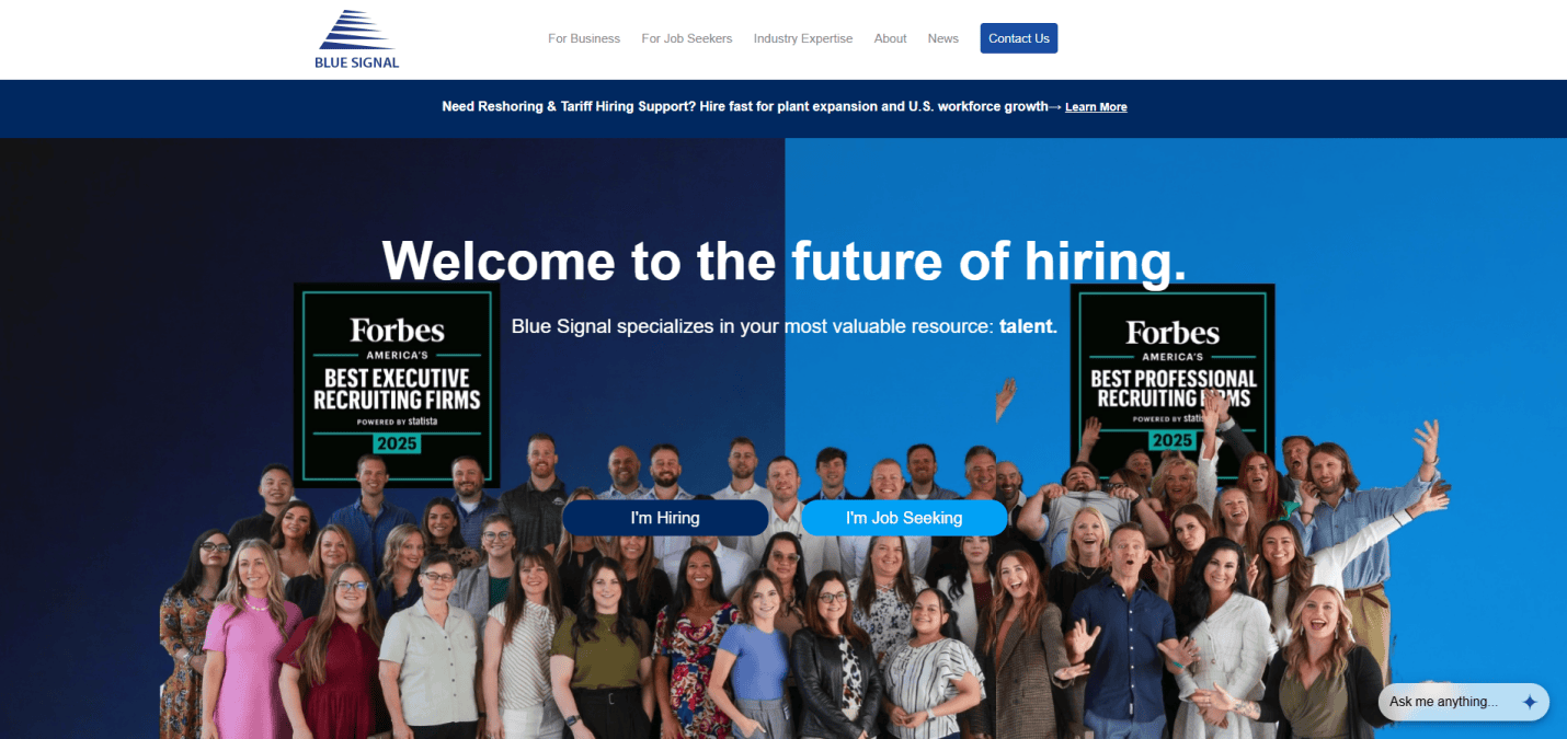 A large group of smiling professionals stand in two groups under the text Welcome to the future of hiring on Blue Signal’s Recruitment Agency website homepage, with buttons for I’m Hiring and I’m Job Seeking in front of them.