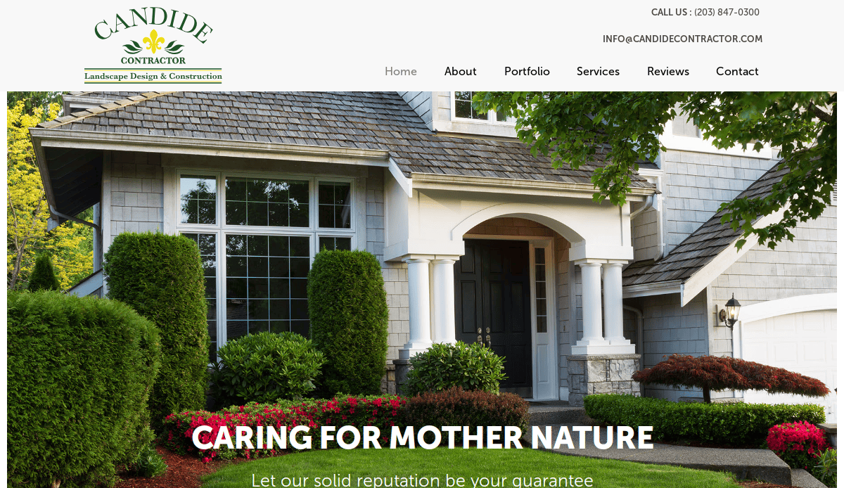 A well-maintained house with manicured shrubs and colorful landscape design is shown on a contractor’s landscaping website. Text reads “Caring for Mother Nature”; the company logo and contact info are visible at the top.