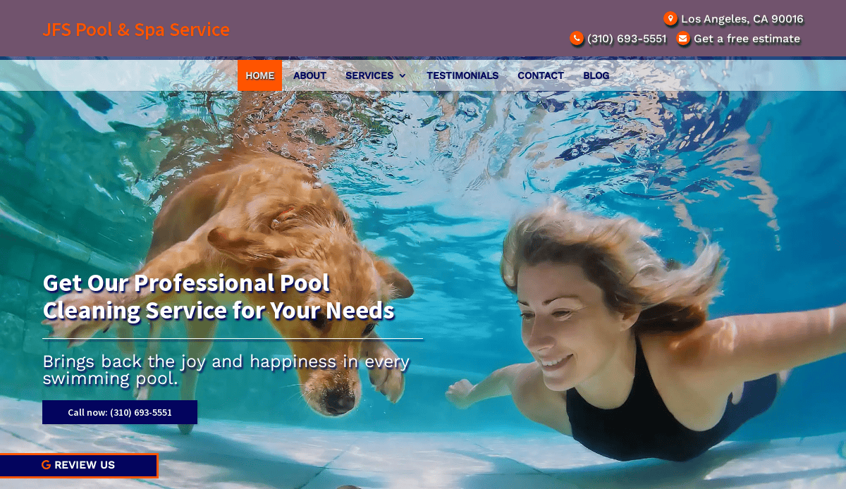 A woman and a golden retriever swim underwater in a clear blue pool. The woman is smiling as sunlight shines through the water. Website header and navigation menus showcase a professional pool service website design at the top.