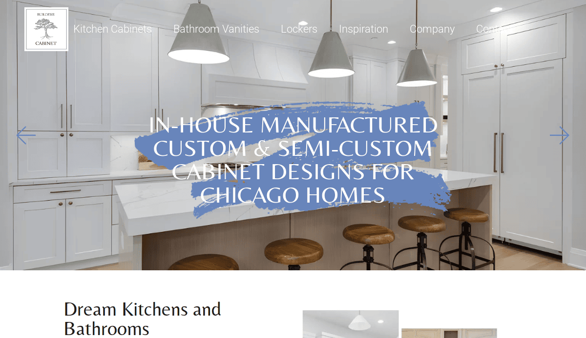 A modern white kitchen with wooden stools, pendant lights, and a large island. Text overlay: In-house manufactured custom & semi-custom cabinet designs for Chicago homes—perfect for your kitchen remodeling website.