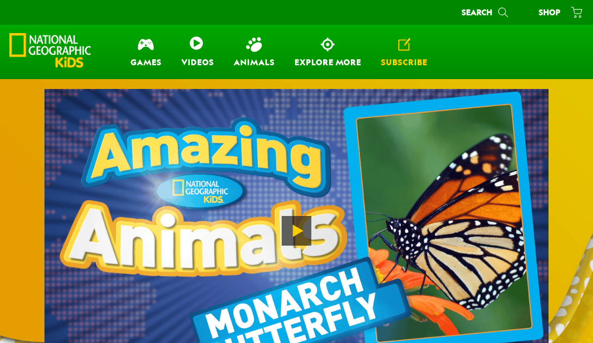 Screenshot of the National Geographic Kids Education website design featuring Amazing Animals: Monarch Butterfly with a close-up photo on an orange flower. The 2025 user-focused site menu displays options like games, videos, and animals.