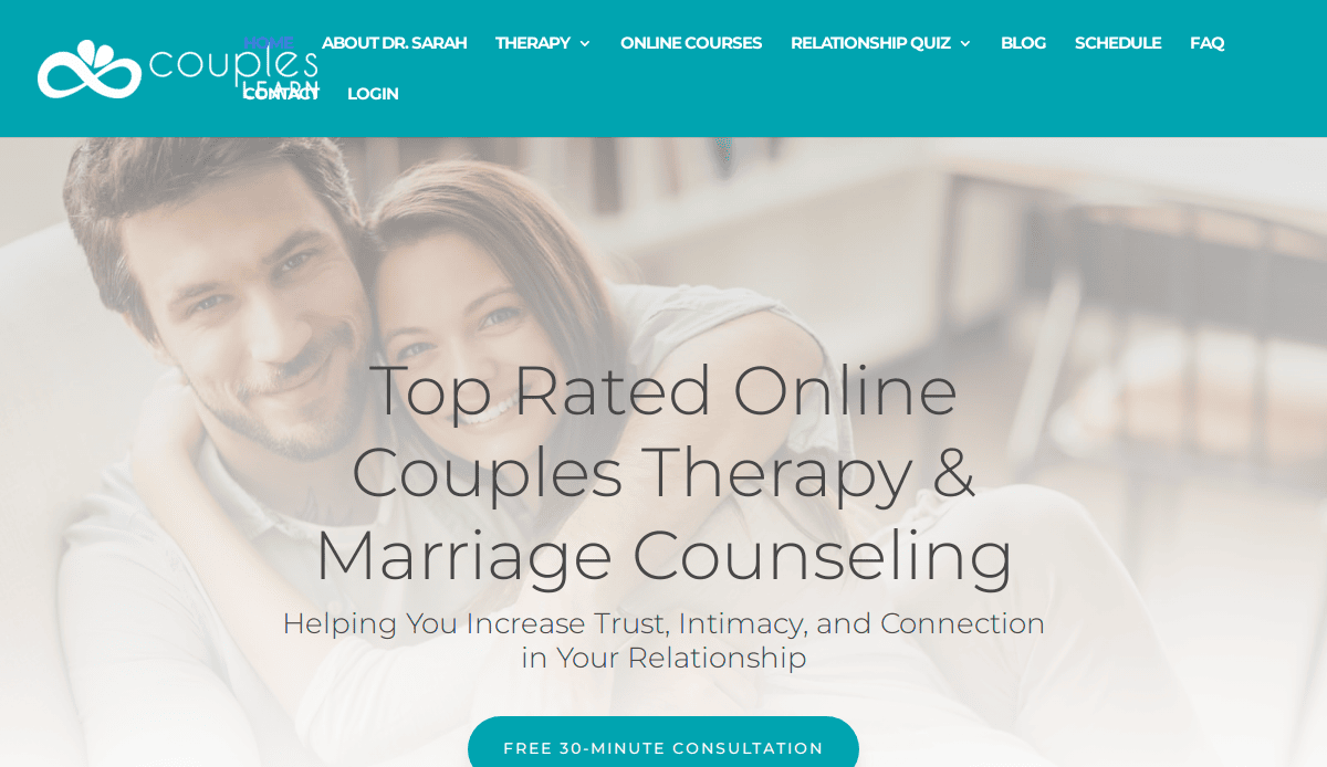 A smiling couple sits close together on a couch. Text overlay reads: Top Rated Online Couples Therapy & Marriage Counseling. Discover trusted therapy services to increase trust, intimacy, and connection in your relationship.