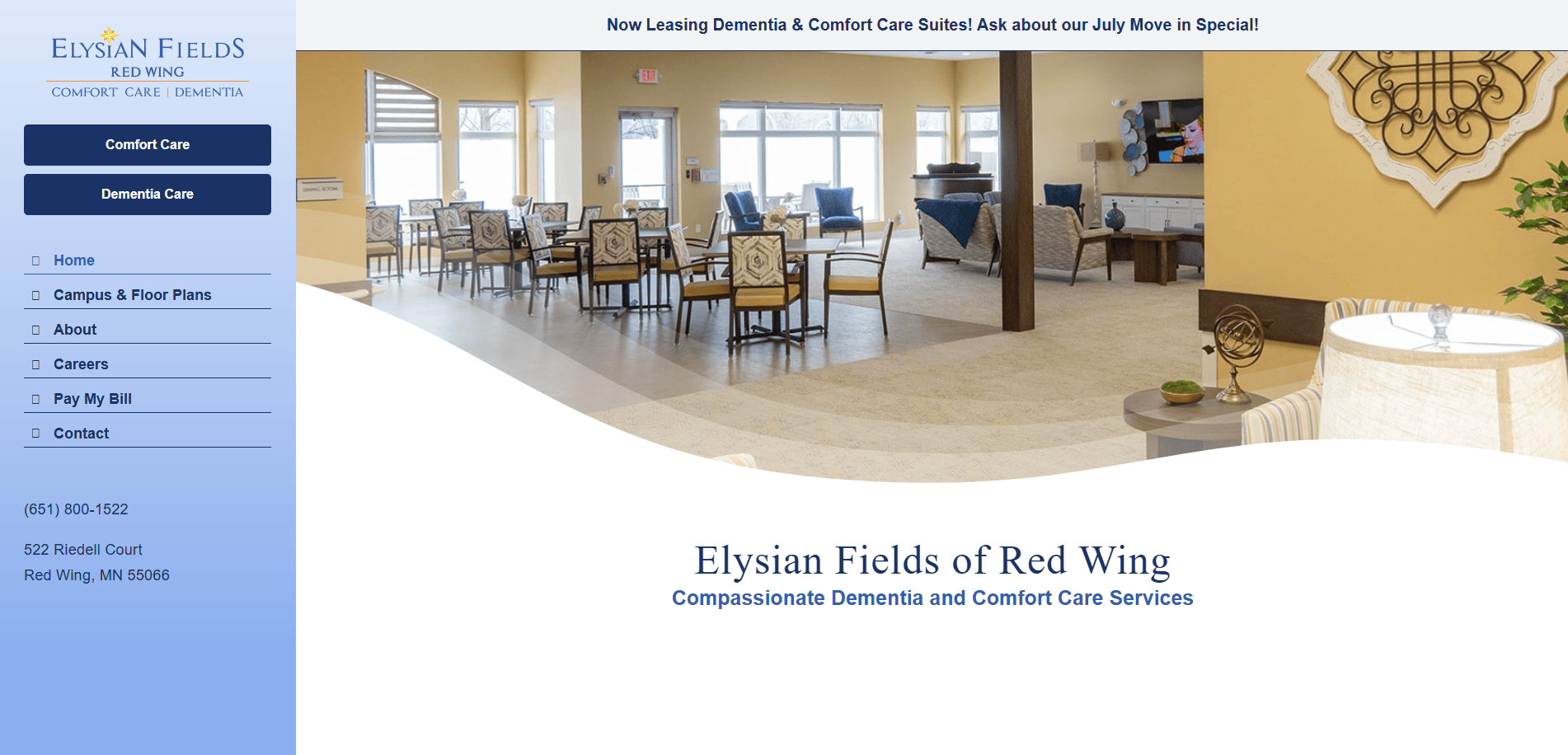 Screenshot of Elysian Fields of Red Wing website, showcasing a bright common area with chairs and tables. The left sidebar offers navigation links and contact info. The text highlights dementia care services, making it a helpful senior living guide.