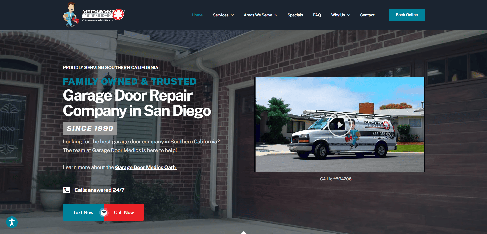 Screenshot of a high-converting website for a garage door repair company, featuring an open garage, service van, and contact options. The site highlights 24/7 availability and services for local service companies in San Diego.