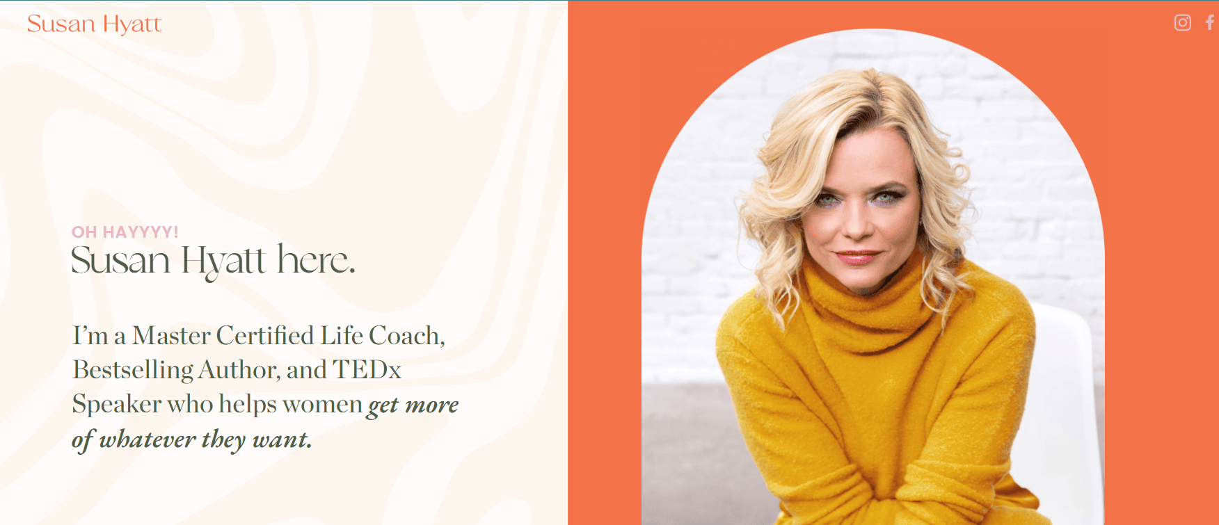 A blonde woman in a mustard yellow sweater sits on a white chair against a white brick wall. Text introduces Susan Hyatt as a life coach, bestselling author, and TEDx speaker who helps women fix losing clients on their life coach website.