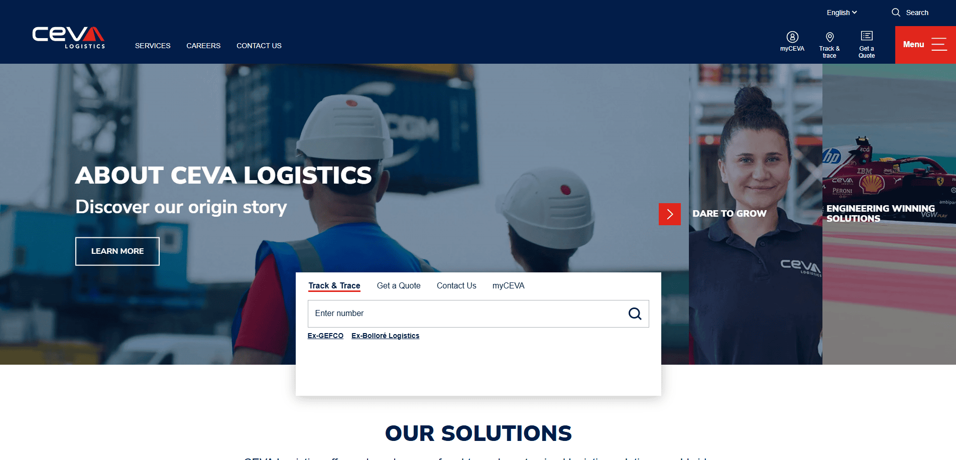 Screenshot of CEVA Logistics high-performing homepage, featuring workers in helmets, a woman in a CEVA shirt, navigation menu, company info, and a “Track & Trace” box—showcasing effective logistics site design for streamlined shipment tracking.