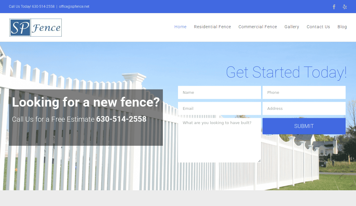 Website homepage for SP Fence, a leading Fence Service Website, features a tall white fence, blue sky, and a contact form to connect with a salesperson for your free estimate. Call 630-514-2558 to start making the sale today!.