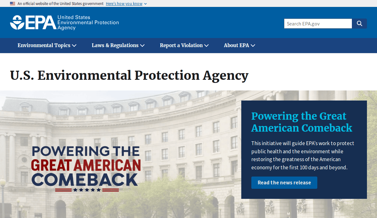 Screenshot of the U.S. Environmental Protection Agency website featuring a large banner that reads Powering the Great American Comeback, exemplifying environmental web design with an adjacent blue box describing the initiative’s focus on public health and the environment.