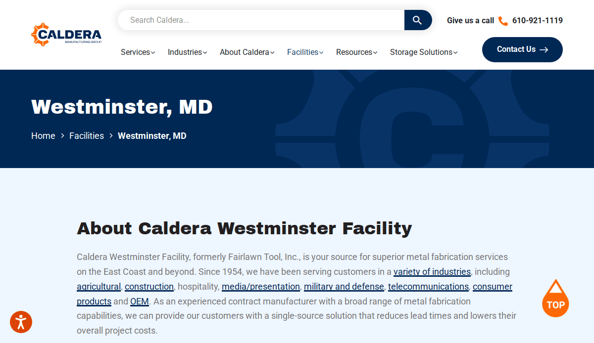 Screenshot of the Caldera Manufacturing Company’s Westminster, MD facility webpage, featuring contact info, navigation menu, and an overview of services. This example highlights effective manufacturing web design with linked keywords like agriculture and construction.