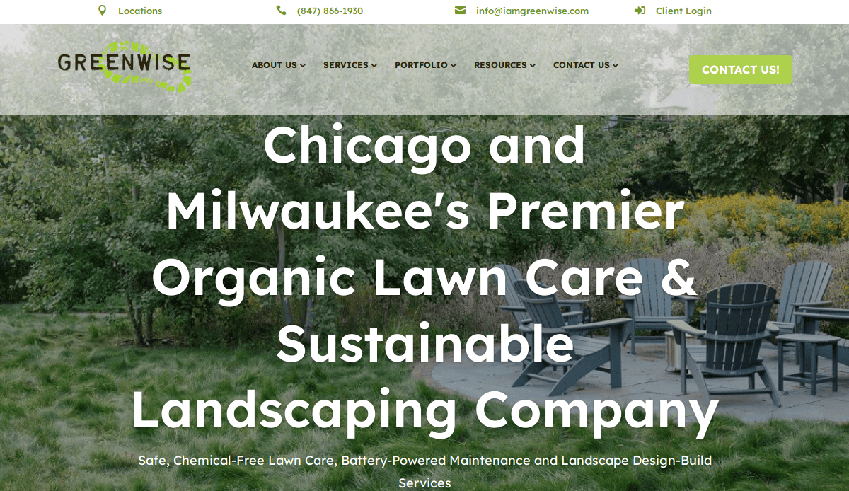 Homepage of Greenwise, an organic lawn care and landscaping company, featuring outdoor patio furniture and greenery. Large text promotes their landscaping services in Chicago and Milwaukee, with contact info and navigation menu at the top of this landscaping website.
