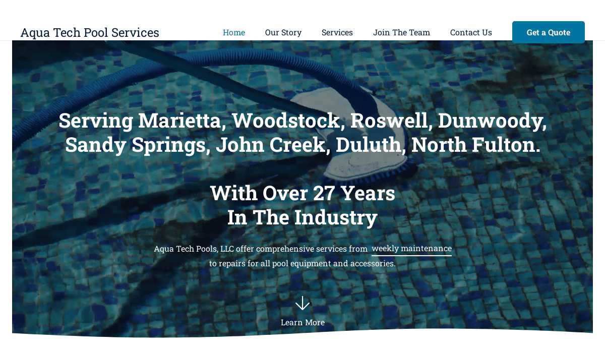Background image of a pool being cleaned with a pool vacuum, overlaid with white text promoting Aqua Tech Pool Services—a trusted pool service website—listing service areas, years in business, and navigation links at the top.