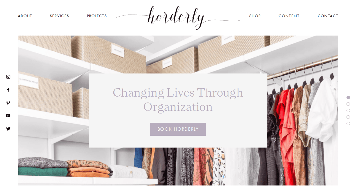 A neatly organized closet with shelves, baskets, and hanging clothes. Overlaid text reads Changing Lives Through Organization with a button labeled Book Horderly. Perfect for home organizers, the website menu is visible at the top.