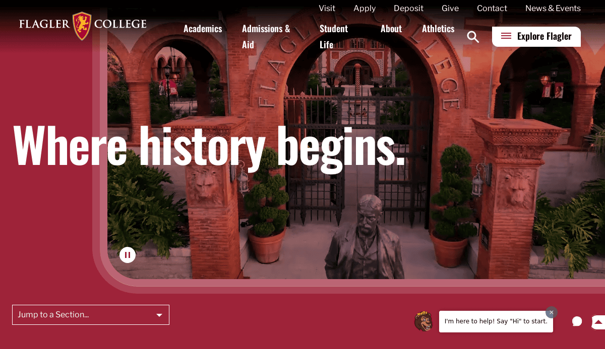 Screenshot of Flagler College’s homepage, a user-focused site featuring a historic brick entrance with a statue, large text reading Where history begins, and website navigation menus—an inspiring example of education website design for 2025.