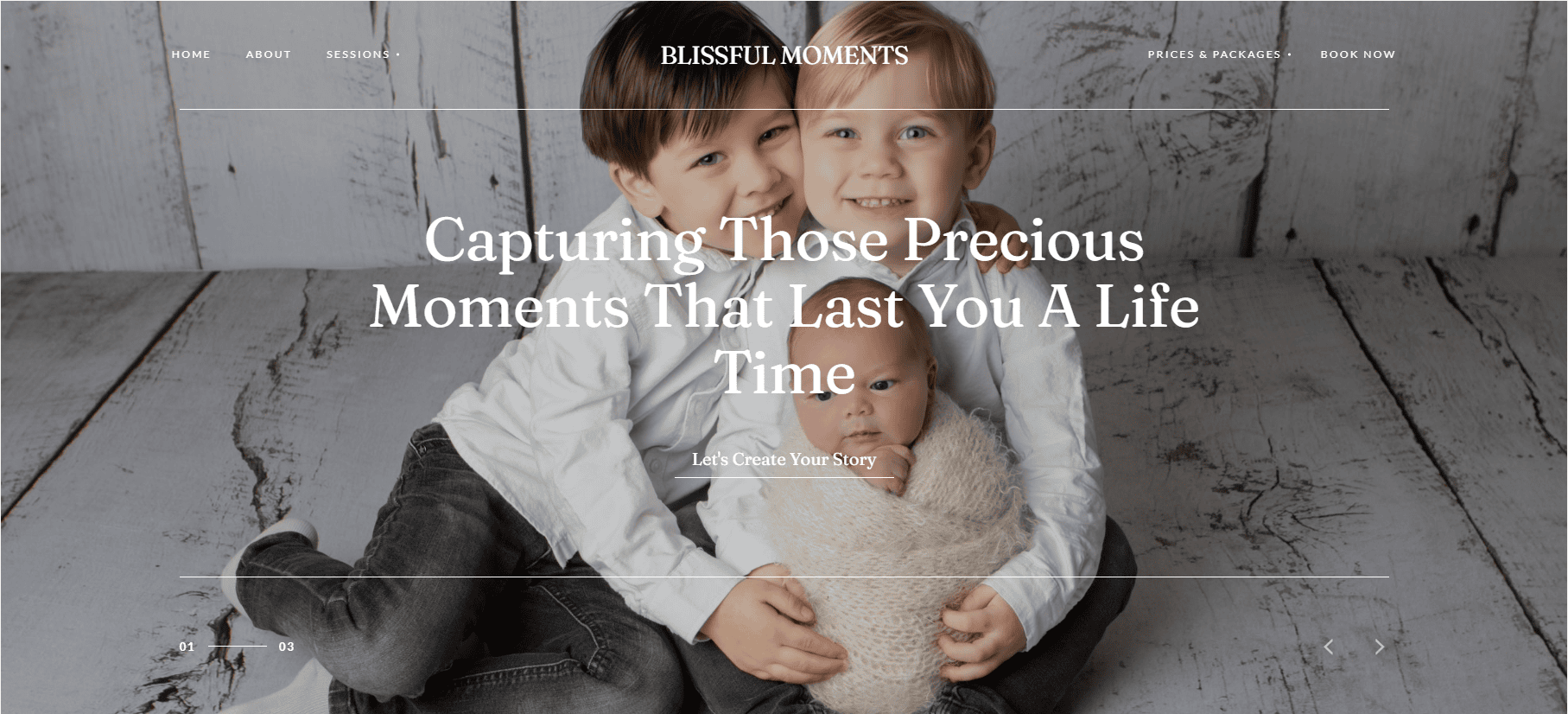 Two young children sit on a wooden floor, smiling and hugging a baby wrapped in a blanket. The background is light wood, with text promoting photography sessions and the ultimate wedding website for capturing lifes precious moments overlaid on the image.