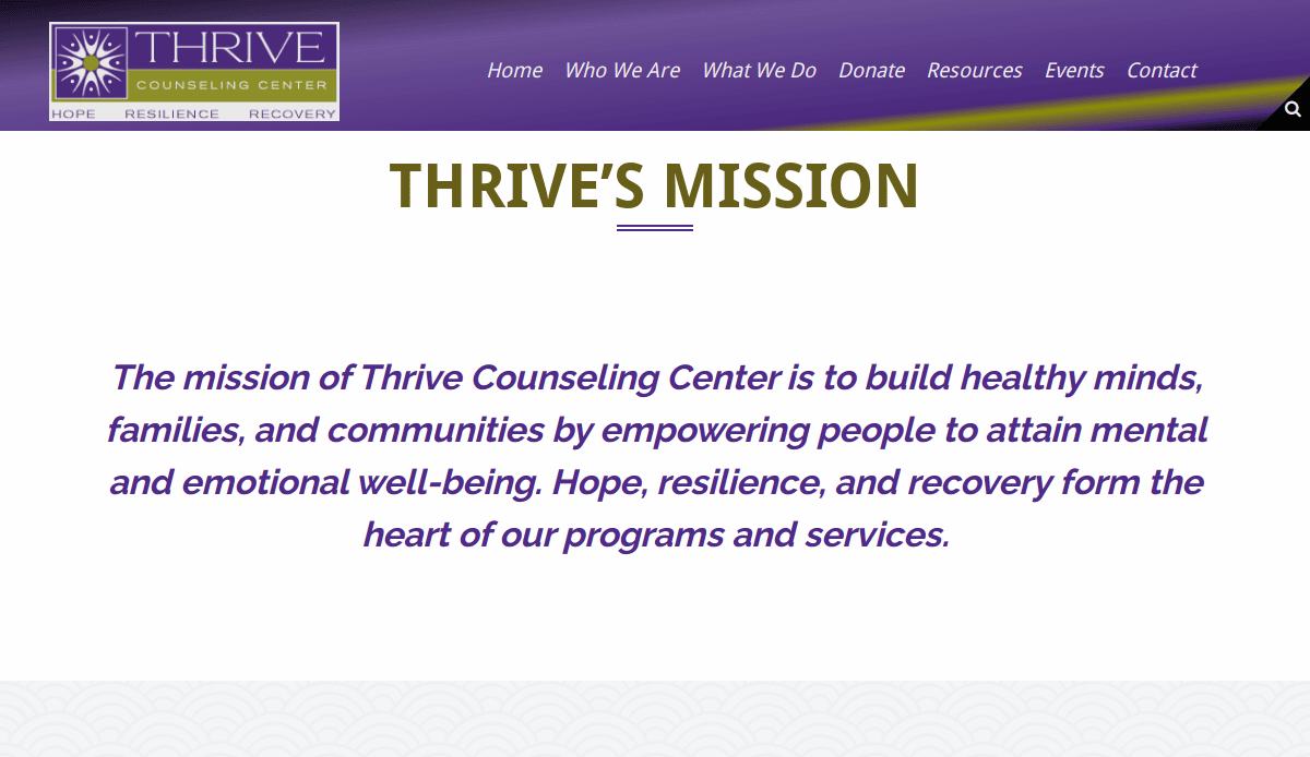 Screenshot of the Thrive Counseling Center website showing the organization’s mission statement about building healthy minds, families, and communities through hope, resilience, recovery, and access to quality therapy services.