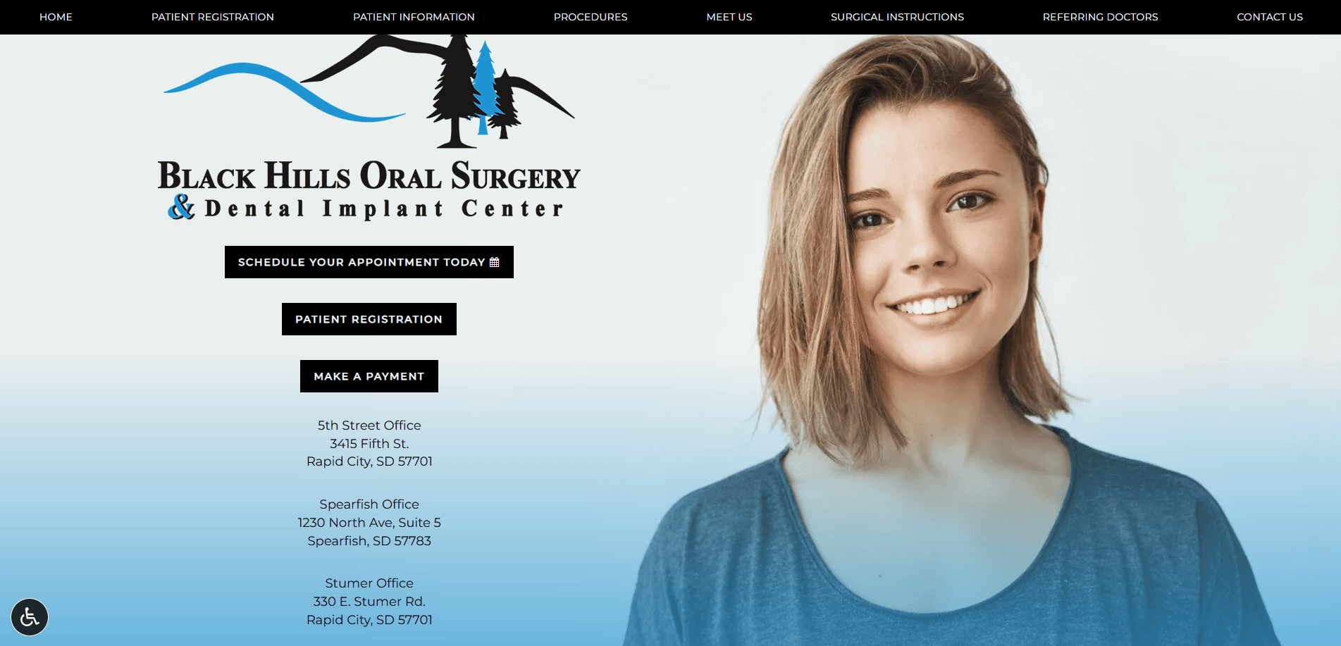 A young woman with straight, light brown hair smiles at the camera on the homepage of Black Hills Oral Surgery & Dental Implant Center, showcasing web design created for local service companies with the clinic’s logo, contact info, and appointment buttons on the left.