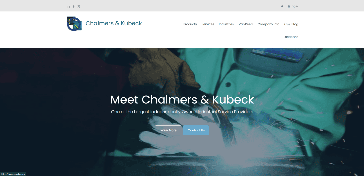 Homepage of Chalmers & Kubeck’s website, featuring a welder in protective gear with sparks flying. The main text reads, “Meet Chalmers & Kubeck, One of the Largest Independently Owned Industrial Service Providers.” A prime example of manufacturing web design.