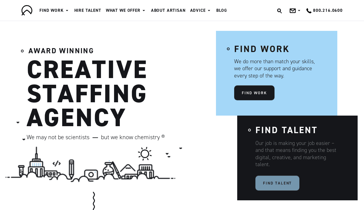 Website homepage for a creative recruitment agency with bold text: Award Winning Creative Staffing Agency and two boxes labeled Find Work and Find Talent. Minimalist cityscape illustration at the bottom enhances the modern website design.