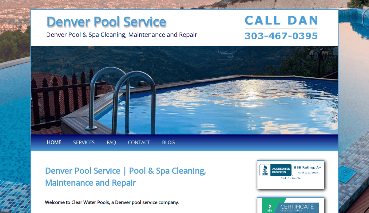 A pool service website for Denver Pool Service, featuring a stunning pool with city views at sunset, contact details for Dan, and easy navigation links for services, FAQ, contact, and blog.