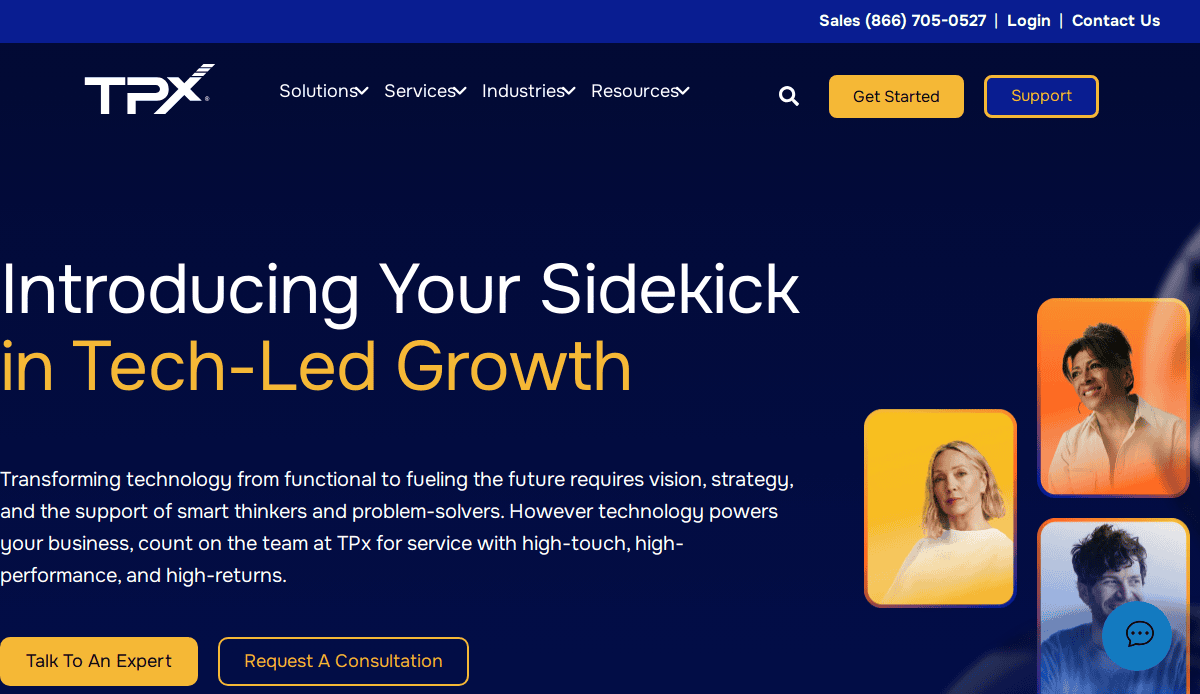 Screenshot of the TPx MSP website homepage featuring a header “Introducing Your Sidekick in Tech-Led Growth,” buttons for “Talk To An Expert” and “Request A Consultation,” plus photos of three smiling people on the right.
