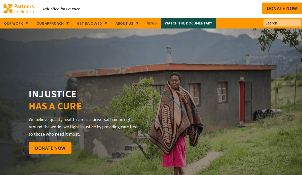 A woman wrapped in a blanket stands outside a small house in a rural area with mountains behind her. Text overlay reads: “Injustice has a cure—We believe patient trust and quality health care are universal human rights.”.