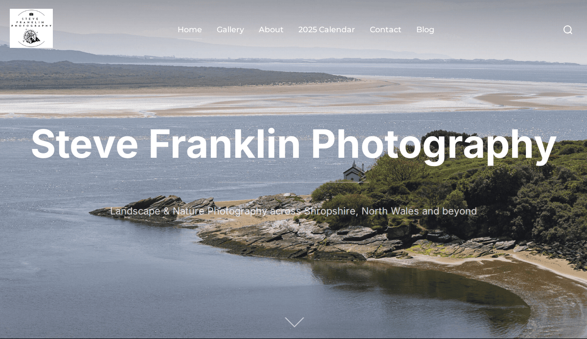 A scenic coastal landscape with water, sandy shores, and distant hills graces the homepage of Steve Franklin Photography, offering wedding website inspiration with navigation links and bold white text overlay.