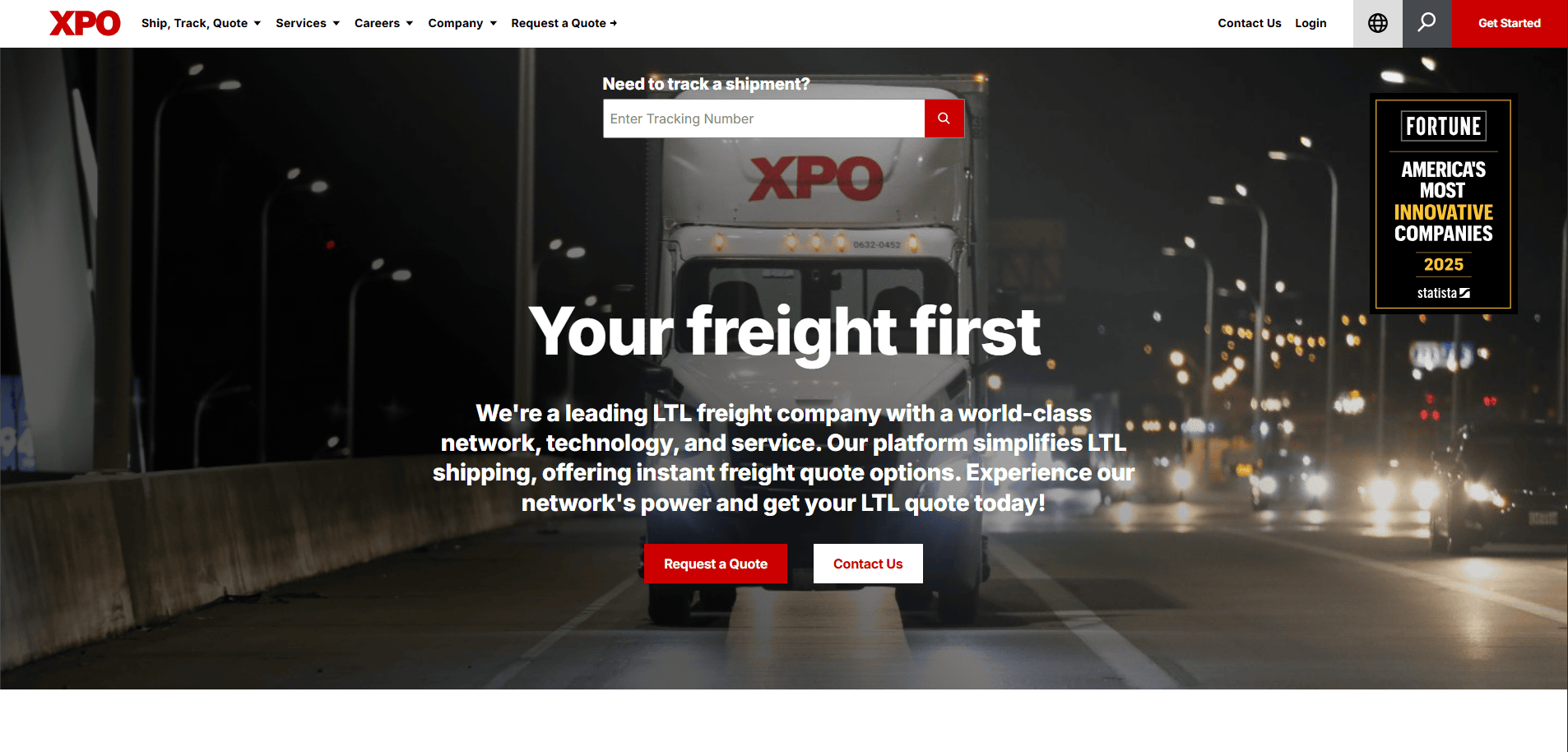 A semi-truck drives on a highway at dusk with the XPO logo on its trailer. White text overlay reads, “Your freight first,” highlighting XPO’s LTL transportation services. Navigation and input fields appear at the top of the transportation website.