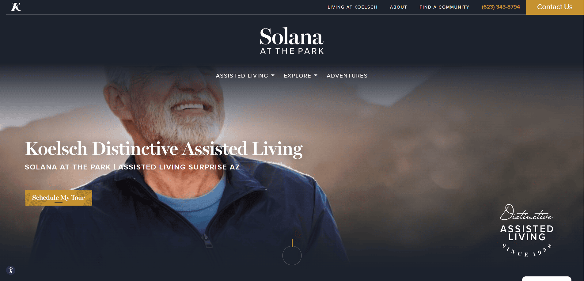 Homepage of Solana at the Park senior living, featuring an older man smiling outdoors. The website design includes navigation links, a contact button, and text promoting tours and assisted living in Surprise, AZ.