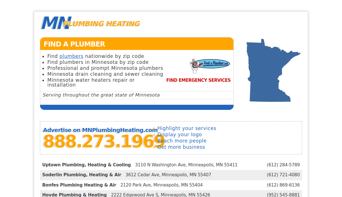 Screenshot of a Minnesota plumbing website designed for local service companies, featuring a blue state map, orange “Find a Plumber” section, prominent phone number (888.273.1968), plumbing listings, and a “Find Emergency Services” link—ideal for high-converting websites.
