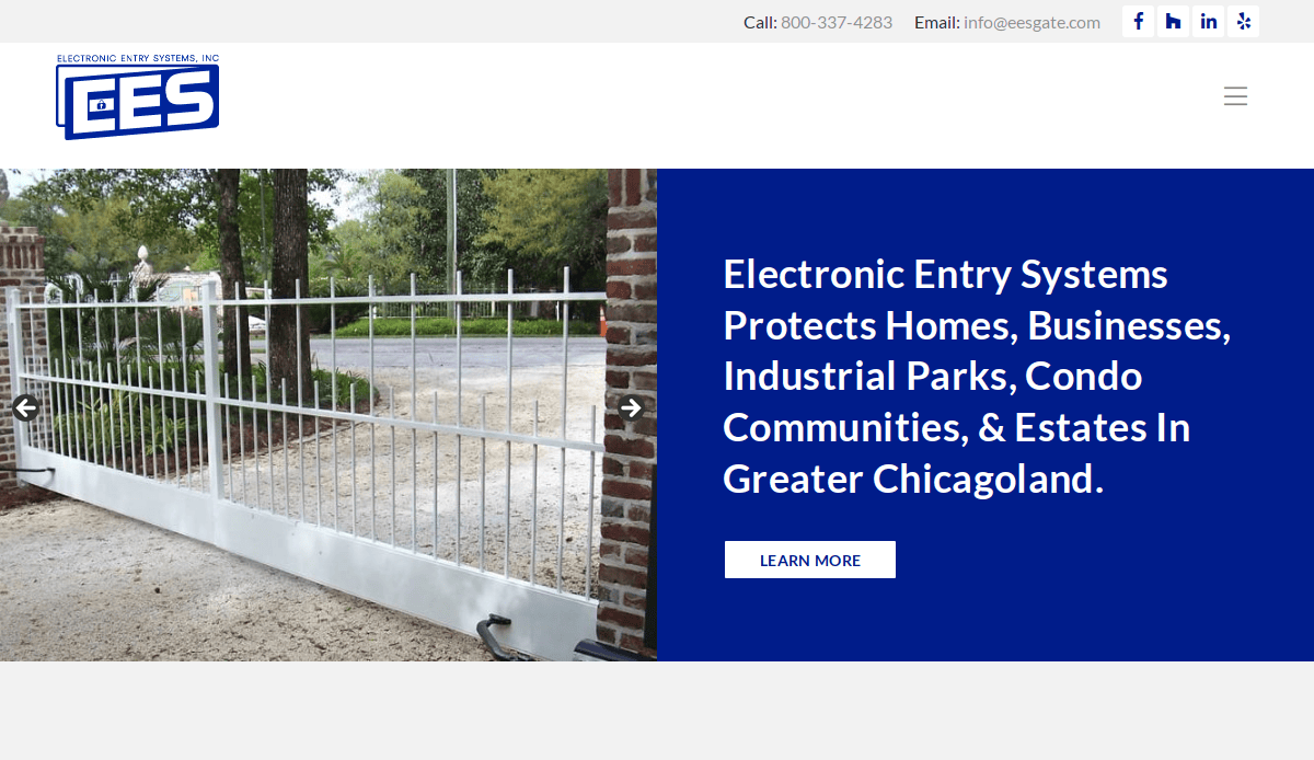 A white automated security gate opens in front of a brick pillar. Overlay text promotes CES electronic entry systems and fence services for homes, businesses, industrial parks, condos, and estates in Greater Chicagoland.
