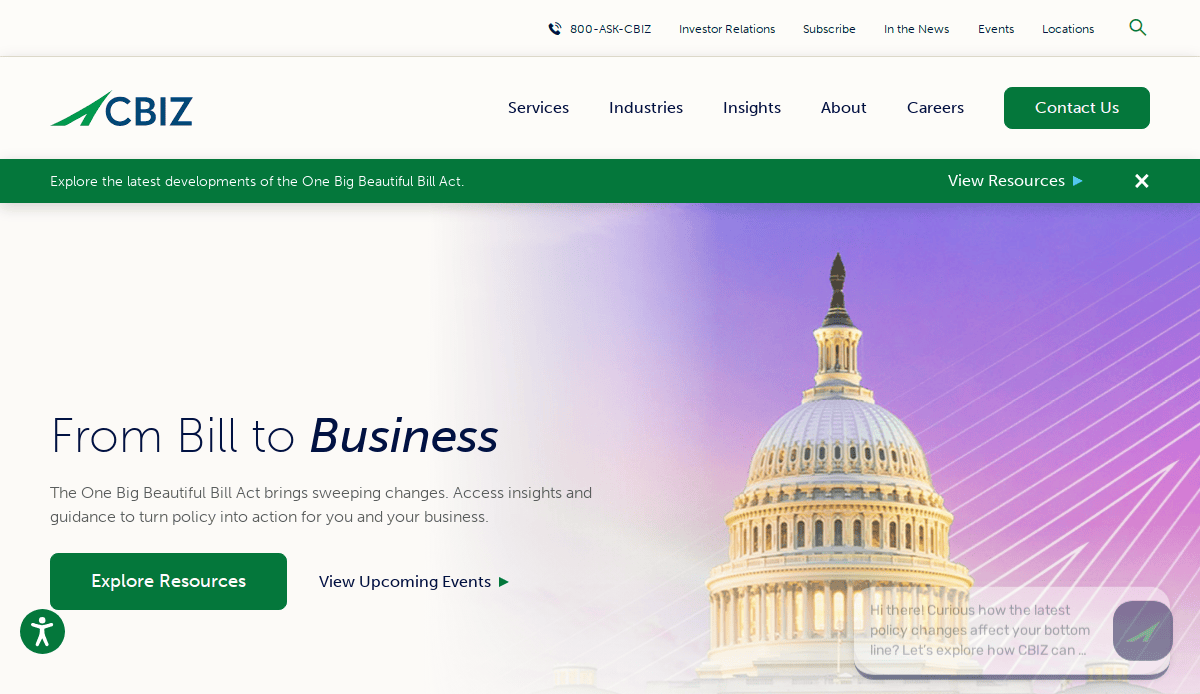 A high-performance CPA website homepage for CBIZ featuring a banner with the U.S. Capitol dome, navigation links, a green Contact Us button, and sections to explore bill resources or view upcoming events for the One Big Beautiful Bill Act.