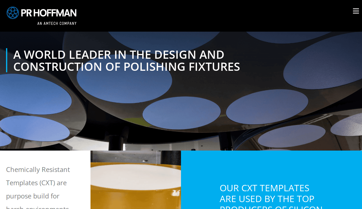 Screenshot of PR Hoffman’s website shows a banner featuring large circular polishing fixtures and text stating, “A world leader in the design and construction of polishing fixtures.” An example of effective manufacturing website design, with the company logo at the top left.