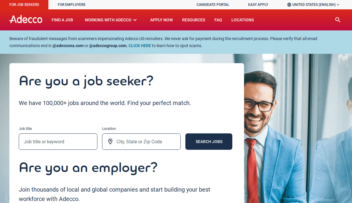 Screenshot of Adecco’s job search webpage, featuring a sleek website design with fields to search by job title or location, and a smiling man in business attire. The page guides job seekers and employers to connect through this leading recruitment agency.