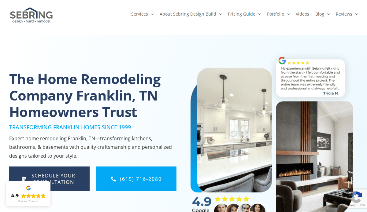 Screenshot of the Sebring Design Build website showing a headline about home remodeling in Franklin, TN, key takeaways on kitchen remodeling, a 5-star review, a blue “Schedule Your Consultation” button, and images of modern home interiors.