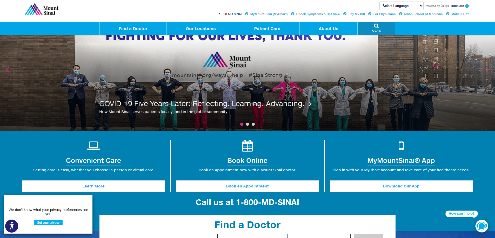 A group of healthcare workers in masks stand outside Mount Sinai, raising their arms in solidarity. The Healthcare Website Design features navigation menus, a search bar, and options for care, booking, app access, and finding a doctor.