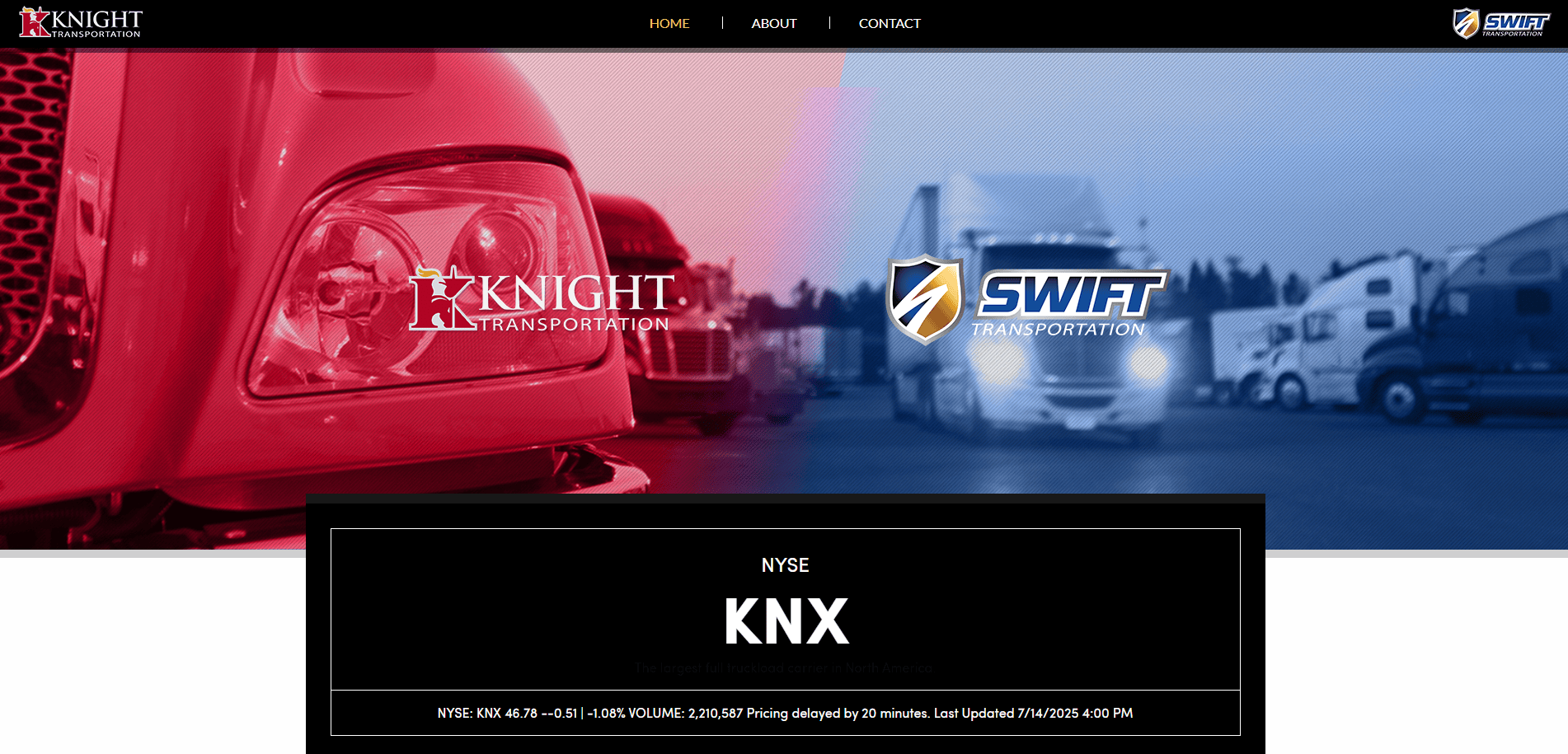 A split image shows a close-up of a red Knight Transportation truck on the left and blue Swift Transportation trucks on the right, highlighting their logos and showcasing leading transportation services. A stock ticker for KNX appears below.