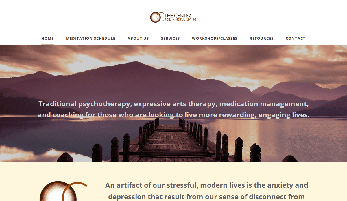 A wooden dock leads out onto a calm lake surrounded by mountains at sunset, featured on The Center for Mindful Living website homepage with navigation menu and text about therapy services and mental wellness.