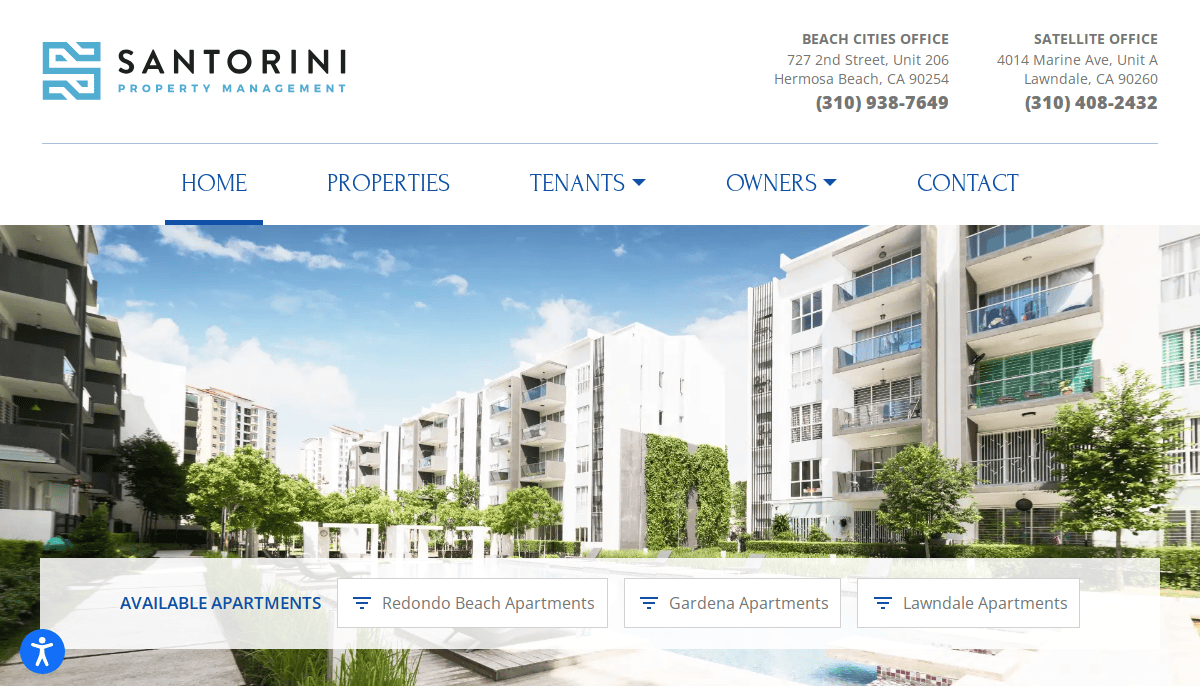 Screenshot of the Santorini Property Management website design, featuring office contact info, navigation tabs for Home, Properties, Tenants, Owners, and Contact, plus a photo of modern apartment buildings with greenery.