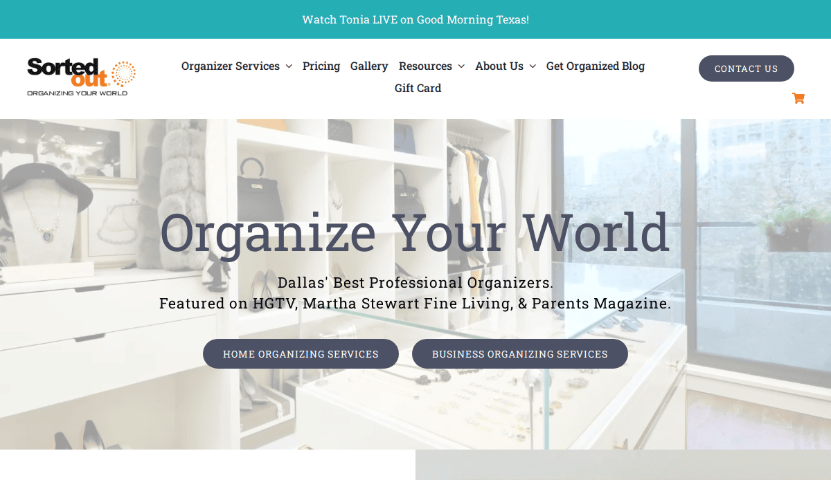 Screenshot of the Sorted Out website homepage, featuring a tidy walk-in closet and text promoting professional organizing services from expert Home Organizers, with navigation links and a Contact Us button at the top right.