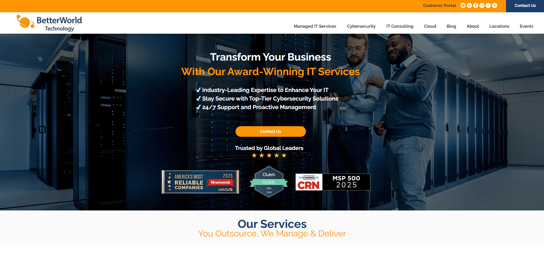 Homepage of BetterWorld Technology shows two men in a server room, surrounded by racks. Text highlights award-winning IT services, cybersecurity, and support. Company logo and navigation menu reinforce expert MSP Website Design.