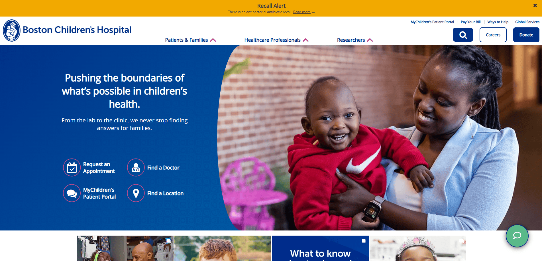 Homepage of Boston Children’s Hospital website, showcasing a smiling woman holding a laughing young child. The healthcare website design features top navigation menus for appointments, finding doctors, patient portal access, and inspires patient trust.