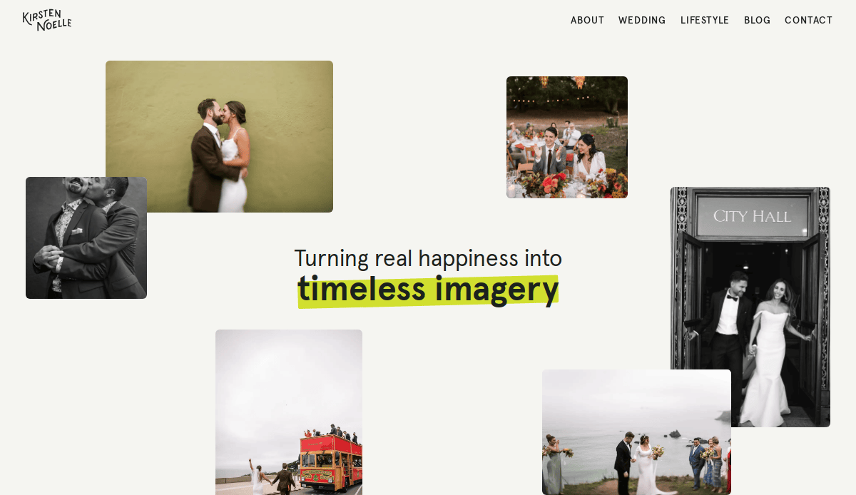 A collage of wedding and celebration photos surrounds the text, Turning real happiness into timeless imagery, on a photographers website—perfect for those seeking wedding website inspiration or professional wedding website designers.