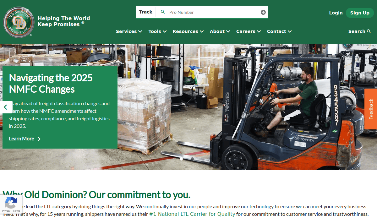 A man operates a forklift to move boxes inside a warehouse. The transportation website highlights Navigating the 2025 NMFC Changes and features Old Dominion’s branding with navigation menus at the top.
