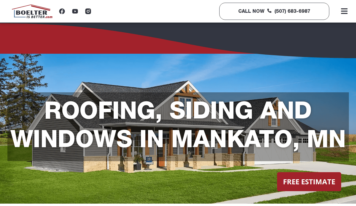A modern house with gray siding and stone accents under a blue sky, showcasing text overlay reading Roofing, Siding and Windows in Mankato, MN. Perfect web design for local service companies, with a Free Estimate button shown.