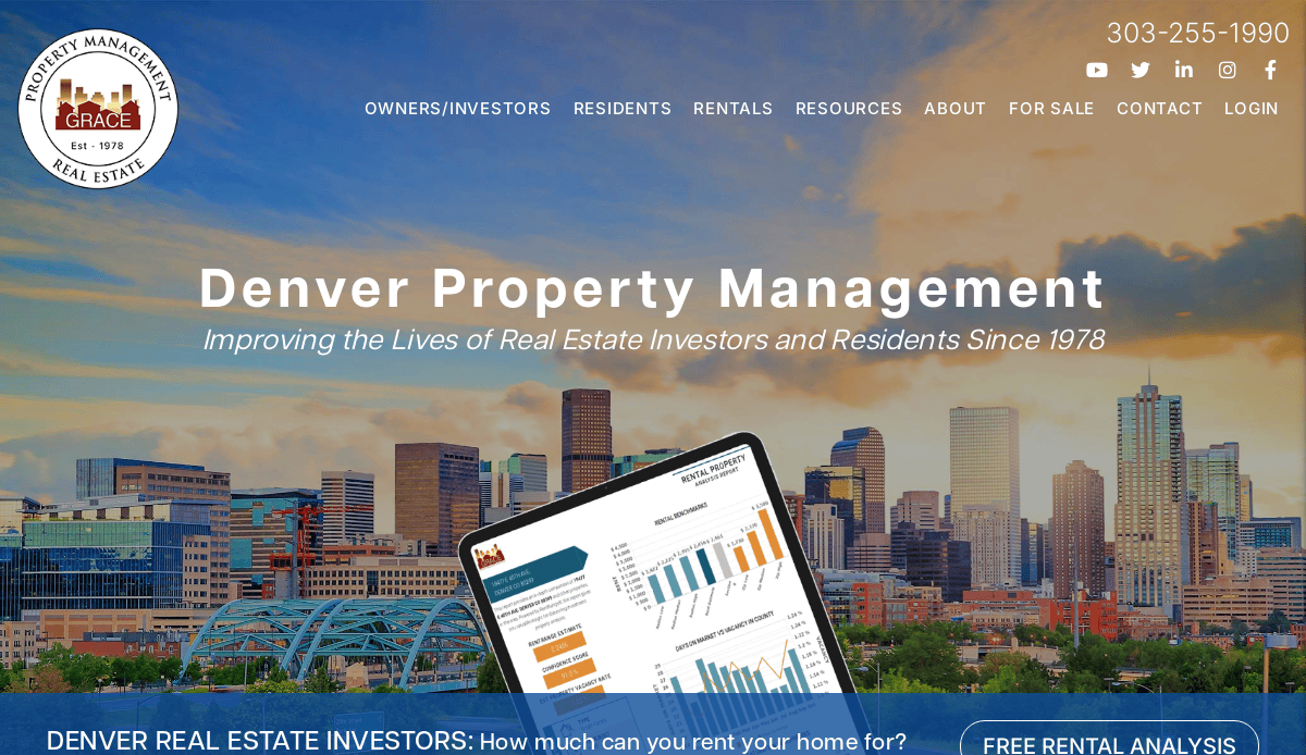 Screenshot of Grace Property Management’s website homepage featuring Denver’s skyline at sunset, contact info, intuitive navigation menu, and a headline reading “Denver Property Management,” showcasing a chart image and polished property management website design.